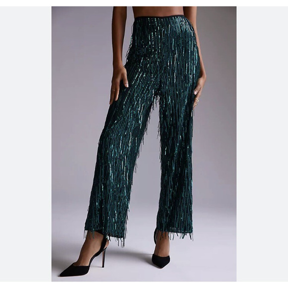 Anthropologie Maeve Fringed Sequin Pants High Rise Straight Leg Green Lined Sz 0 - Picture 1 of 12